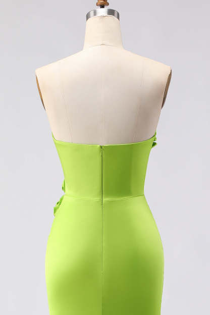 Green Satin Mermaid Sweetheart Long 3D Flowers Prom Dress with Slit