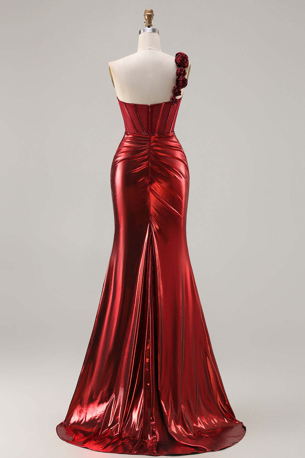 Red Metallic Ruched Long Corset Mermaid Prom Dress with 3D Flowers