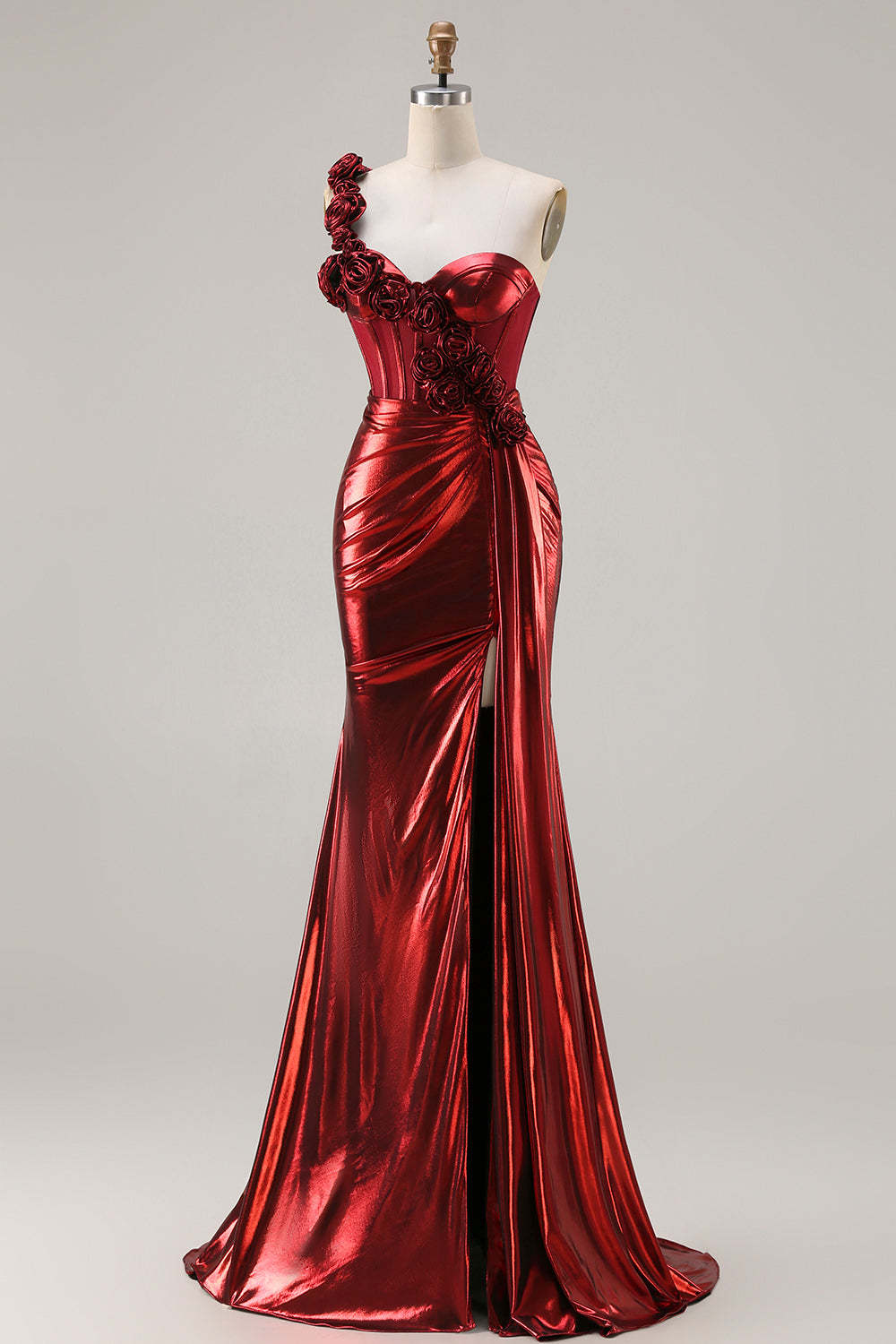 Red Metallic Ruched Long Corset Mermaid Prom Dress with 3D Flowers