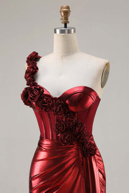 Red Metallic Ruched Long Corset Mermaid Prom Dress with 3D Flowers