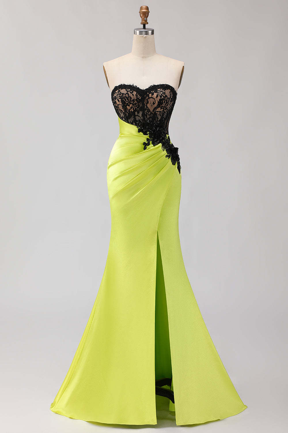 Leely Women Black and Green Maxi Corset Prom Dress with Slit Mermaid Ruched Satin Sweetheart Evening Dress