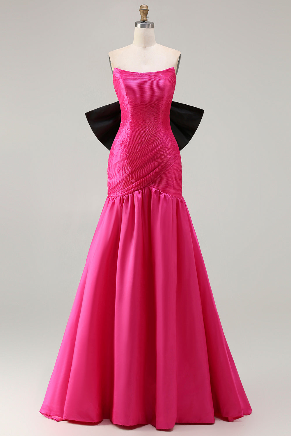 Leely Women Fuchsia Mermaid Long Prom Dress with Bow Satin Pleated Strapless Lace up Back Pageant Dress
