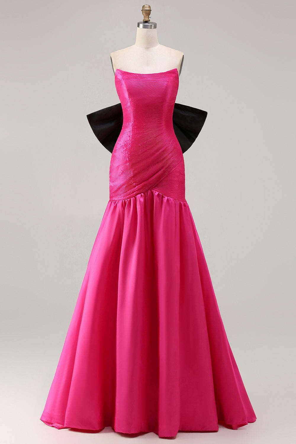 Leely Women Fuchsia Mermaid Long Prom Dress with Bow Satin Pleated Strapless Lace up Back Pageant Dress