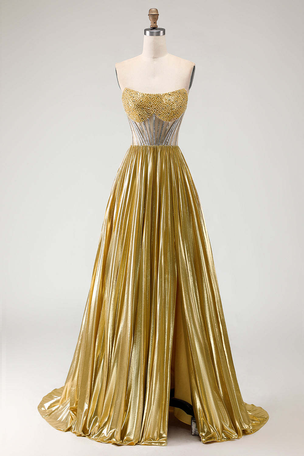 Sparkly Golden Beaded Metallic Pleated Maxi Corset Prom Dress with Slit