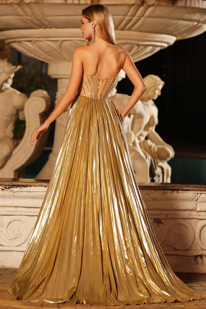 Sparkly Golden Beaded Metallic Pleated Maxi Corset Prom Dress with Slit