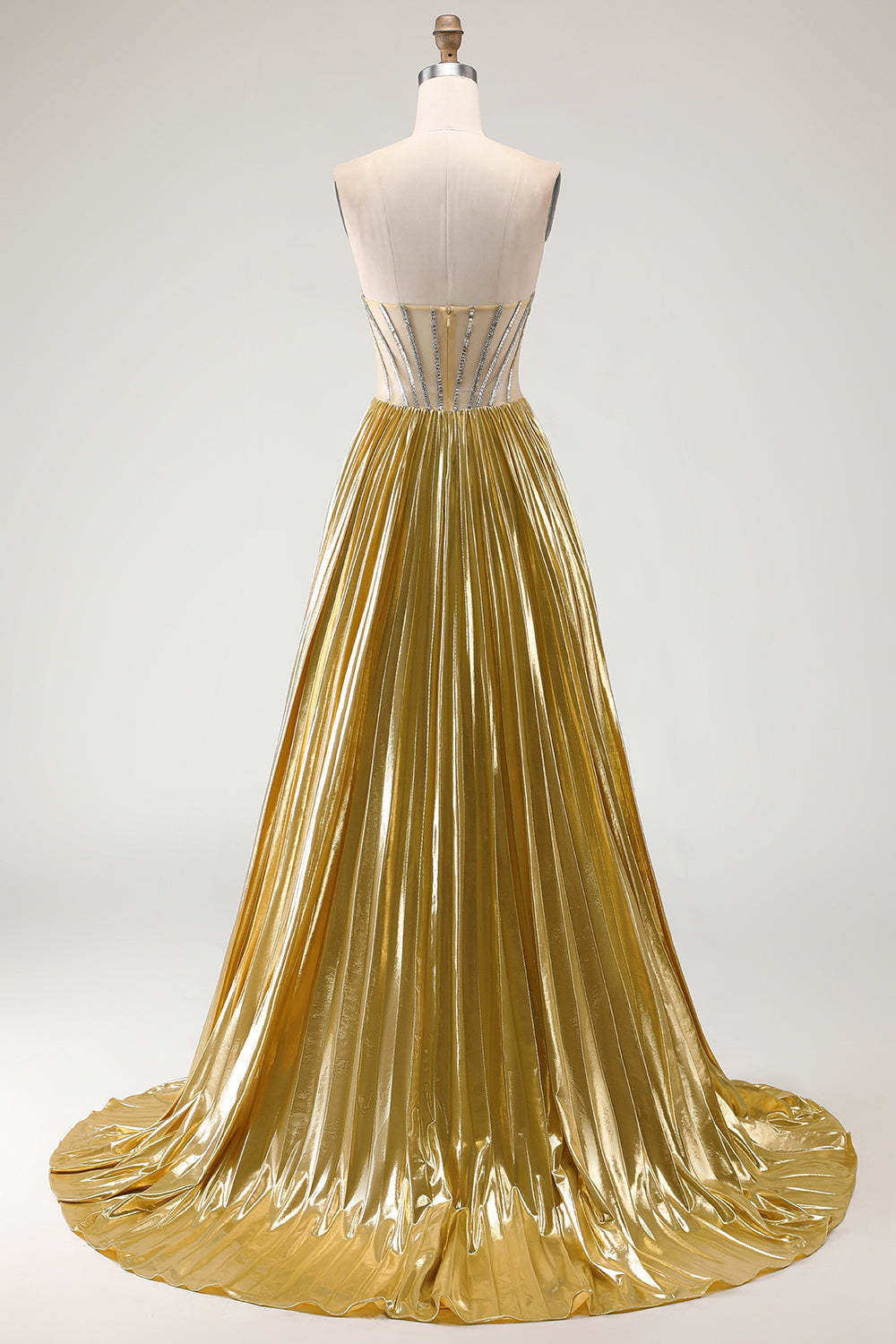 Sparkly Golden Beaded Metallic Pleated Maxi Corset Prom Dress with Slit