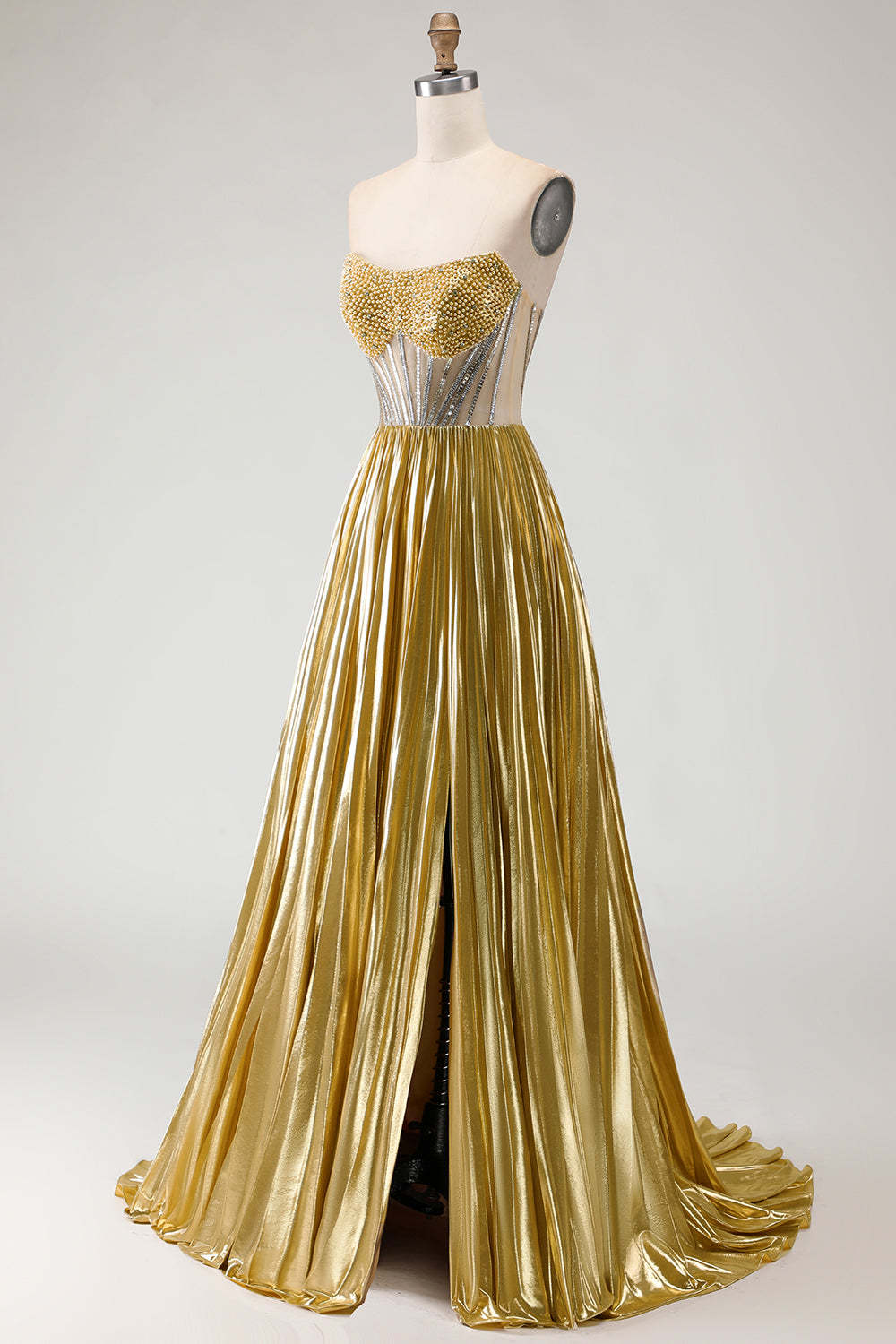 Sparkly Golden Beaded Metallic A Line Long Corset Prom Dress with Slit