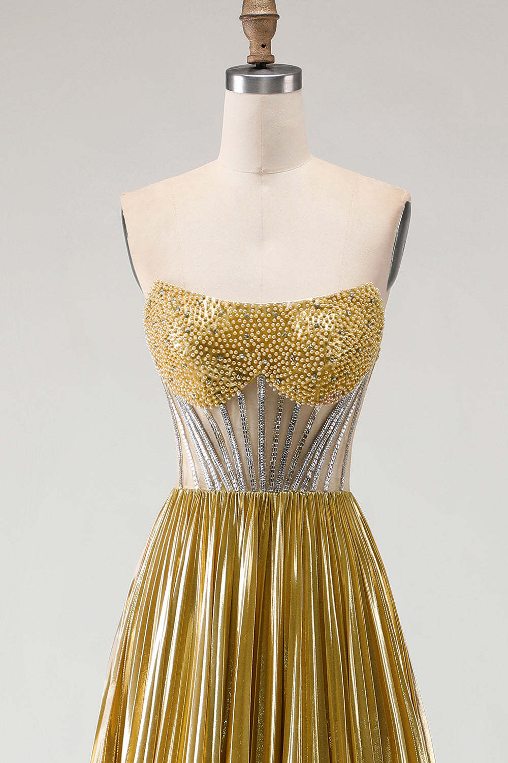 Sparkly Golden Beaded Metallic A Line Long Corset Prom Dress with Slit