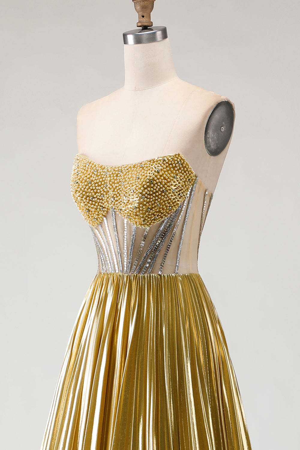 Sparkly Golden Beaded Metallic A Line Long Corset Prom Dress with Slit