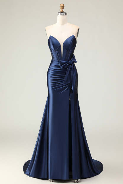 Navy Strapless Mermaid Long Corset Prom Dress with Slit