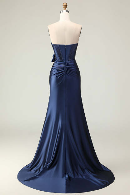 Navy Strapless Mermaid Long Corset Prom Dress with Slit