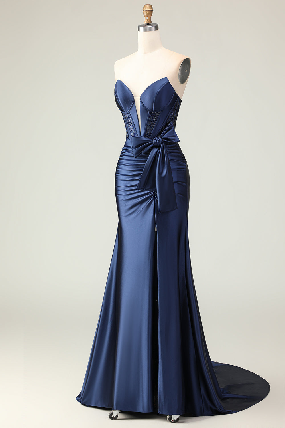 Navy Corset Strapless Mermaid Long Prom Dress with Slit
