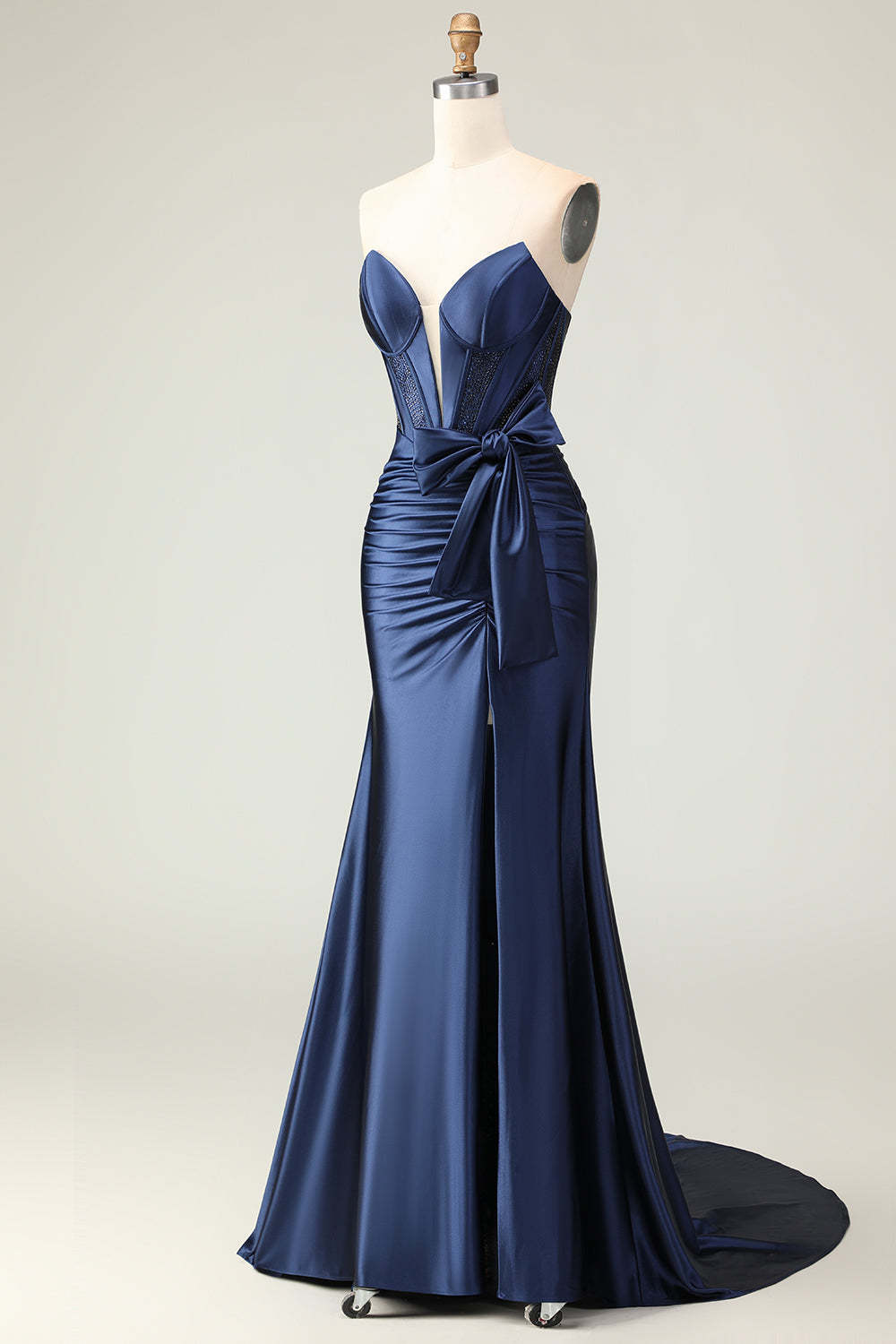 Navy Corset Strapless Mermaid Long Prom Dress with Slit