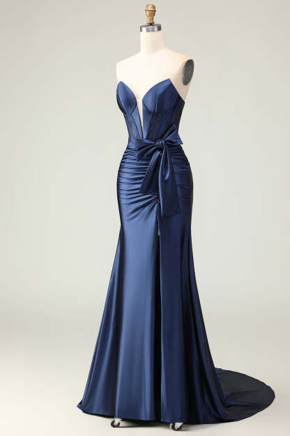 Navy Corset Strapless Mermaid Long Prom Dress with Slit