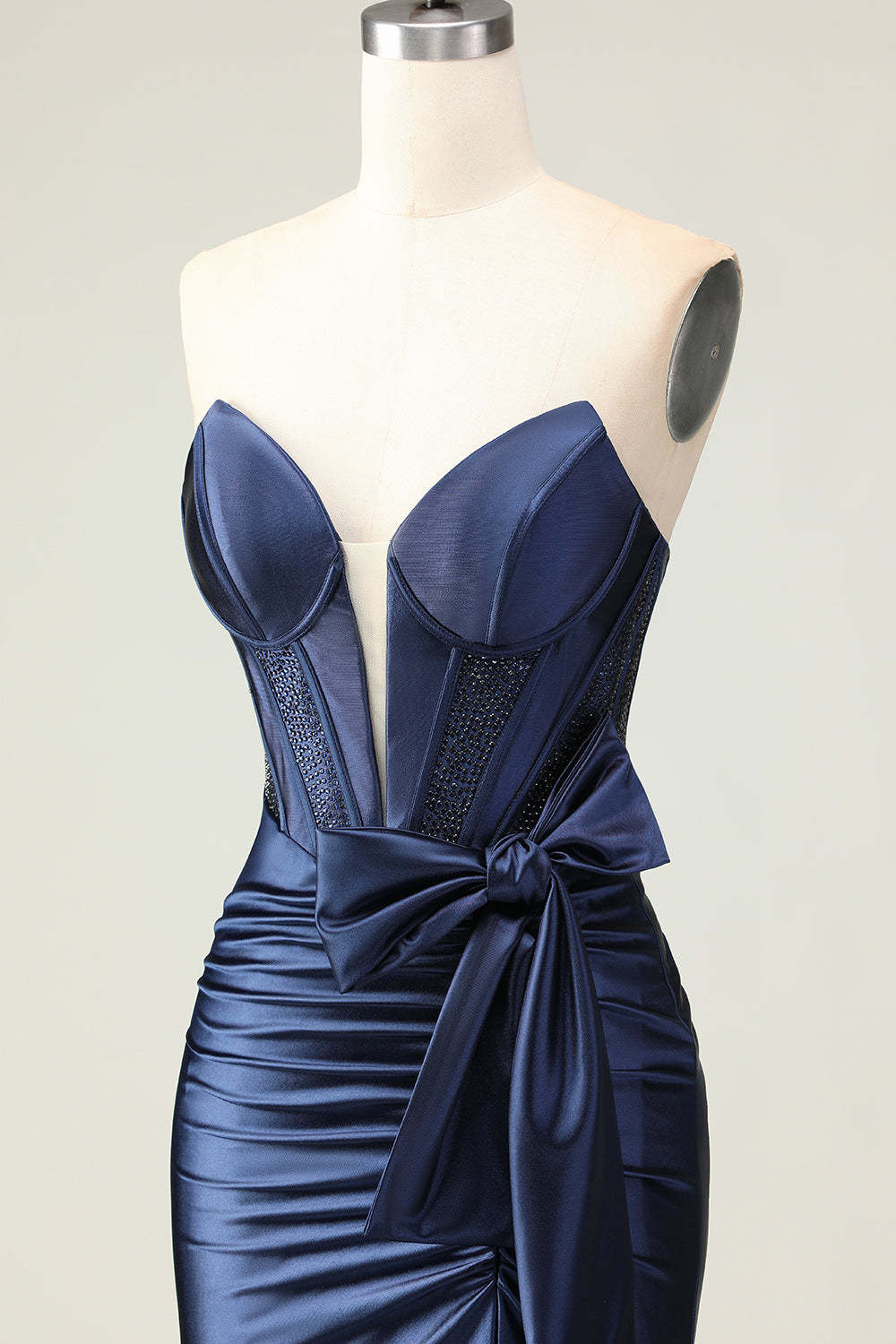 Navy Corset Strapless Mermaid Long Prom Dress with Slit