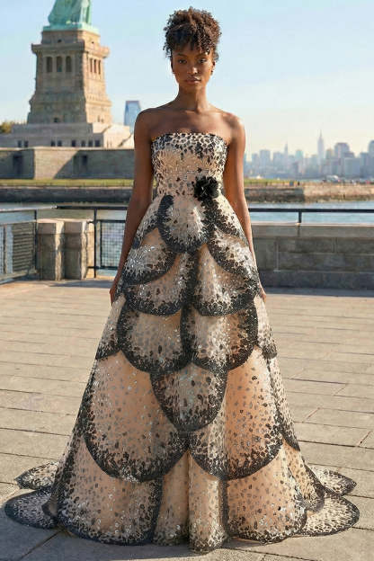 Leely Women Sparkly Black and Apricot Maxi Prom Dress with Sequins Ball Gown Strapless A-Line Pageant Dress