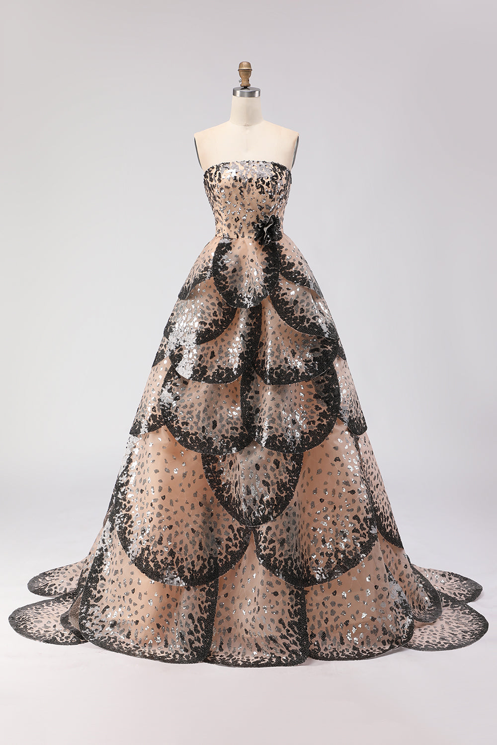 Leely Women Sparkly Black and Apricot Long Prom Dress with Sequin Ball Gown  Strapless A-Line
