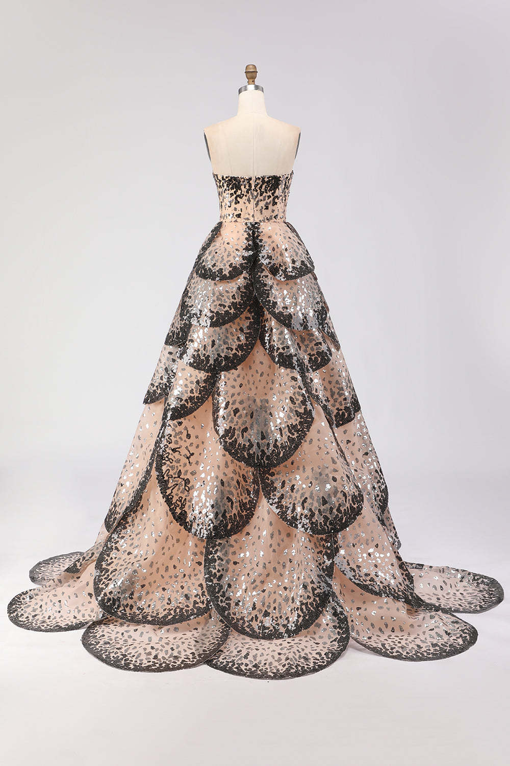 Sparkly Black and Apricot Ball Gown Strapless Maxi Prom Dress with Sequins