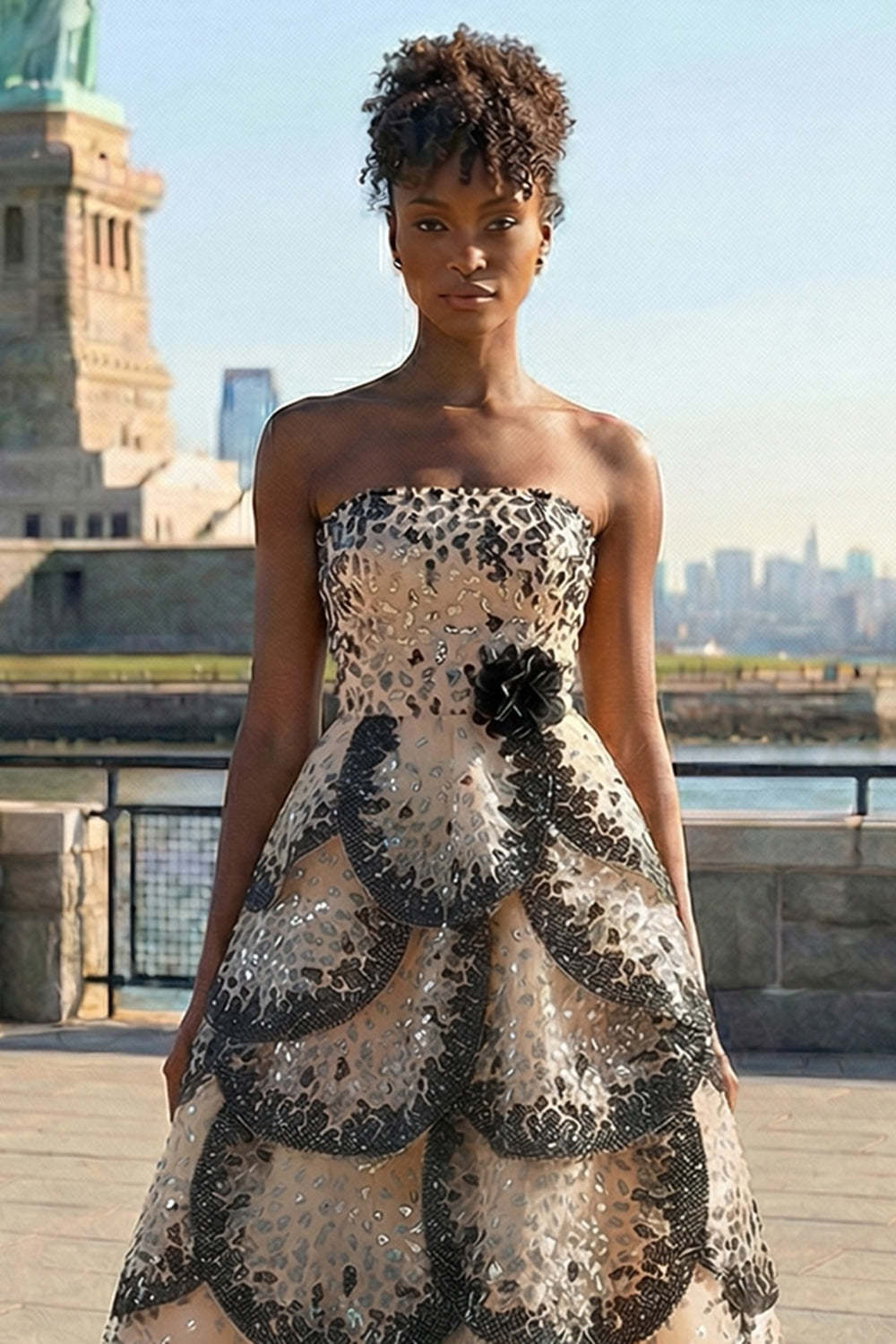 Sparkly Black and Apricot Ball Gown Strapless Maxi Prom Dress with Sequins