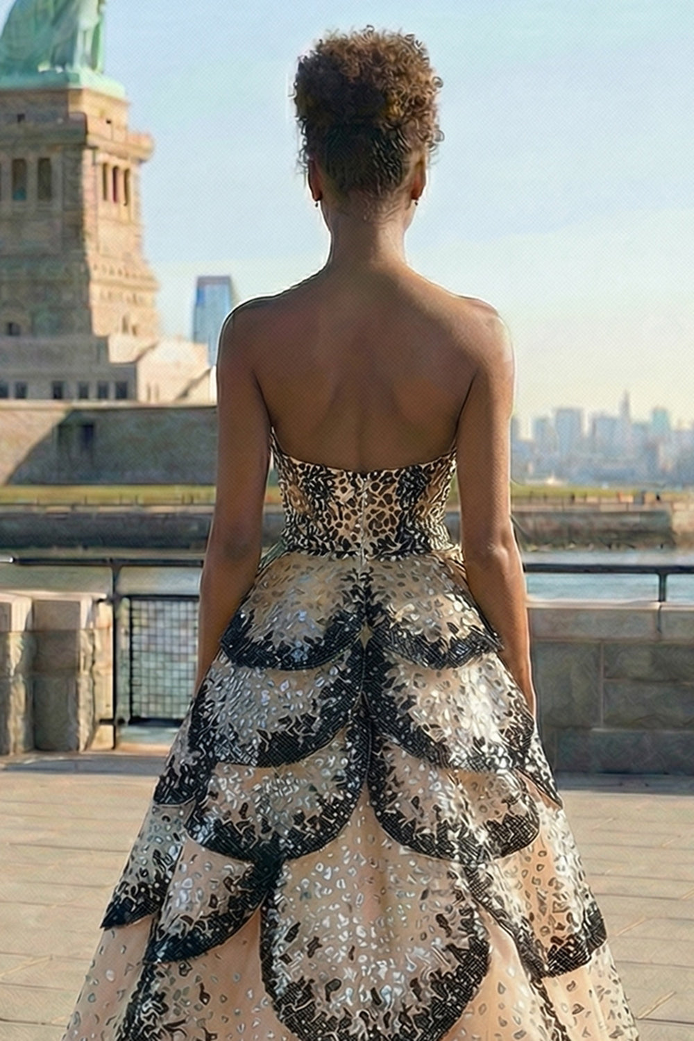 Sparkly Black and Apricot Ball Gown Strapless Maxi Prom Dress with Sequins