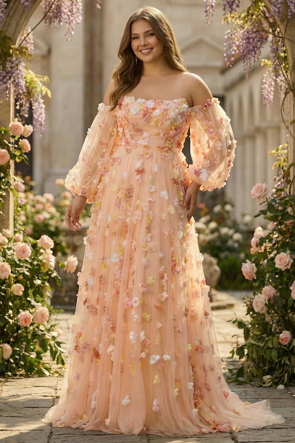 Champagne Floral A-Line Long Prom Dress with Detachable Sleeves