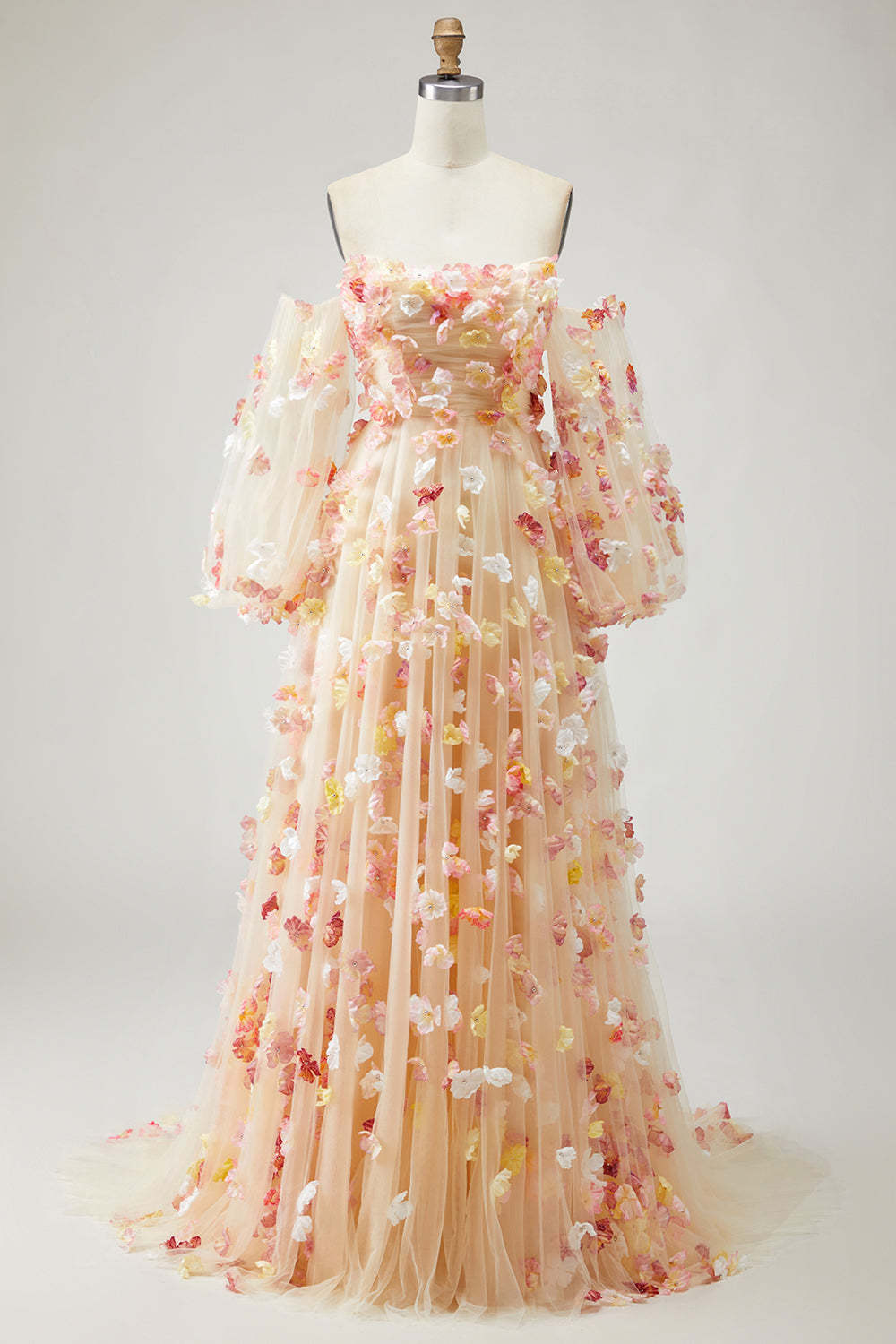 Champagne Floral A-Line Strapless Maxi Prom Dress with Detachable Sleeves