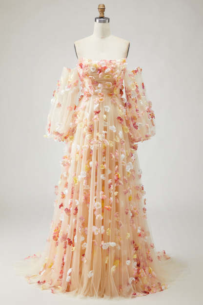 Champagne Floral A-Line Strapless Maxi Prom Dress with Detachable Sleeves