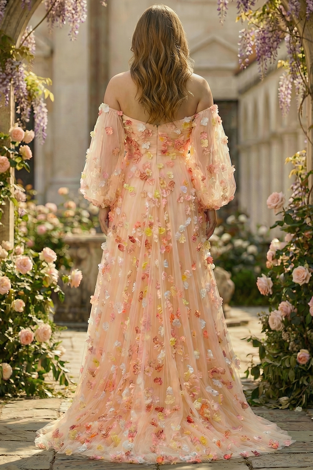 Champagne Floral A-Line Long Prom Dress with Detachable Sleeves