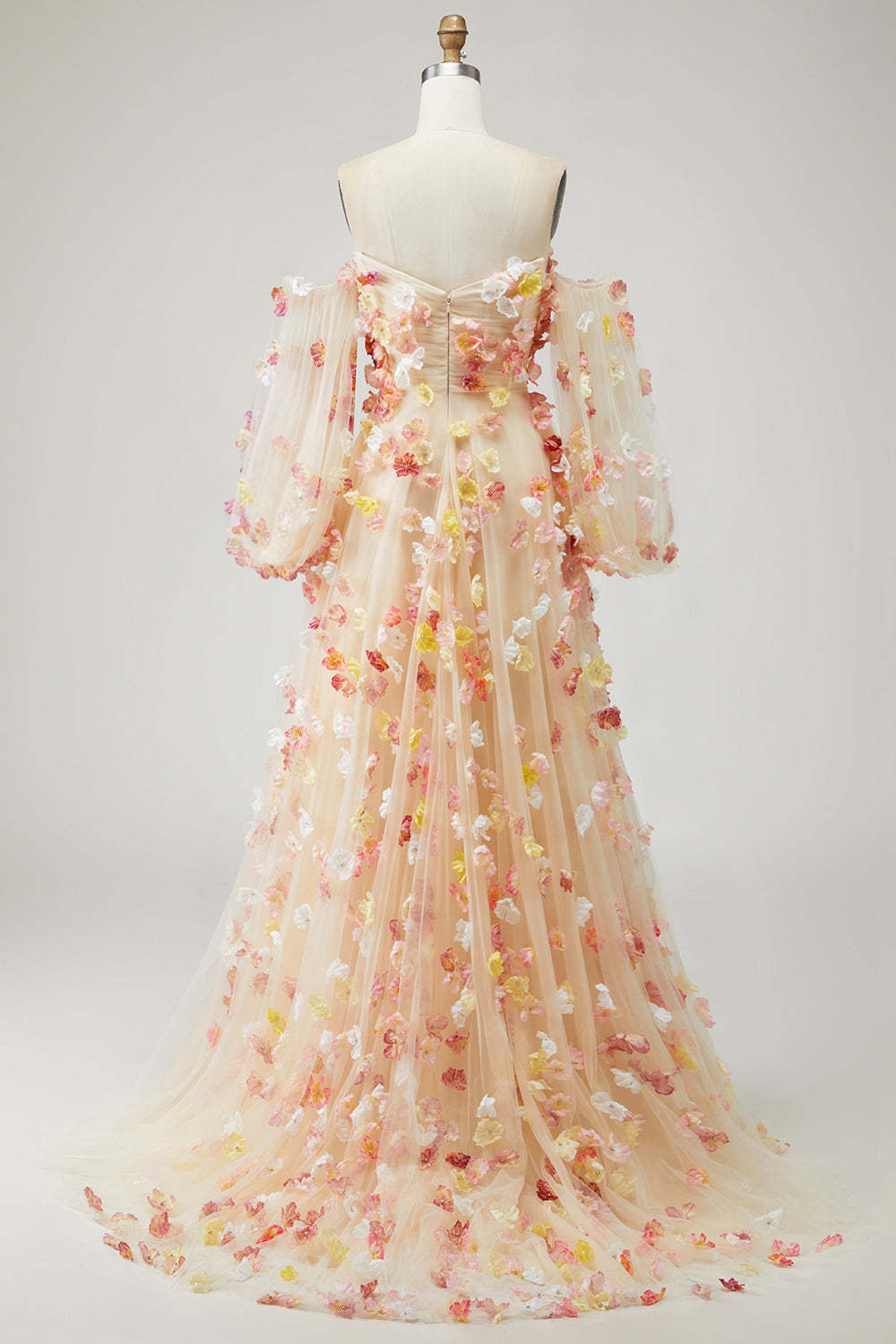 Champagne Floral A-Line Strapless Maxi Prom Dress with Detachable Sleeves