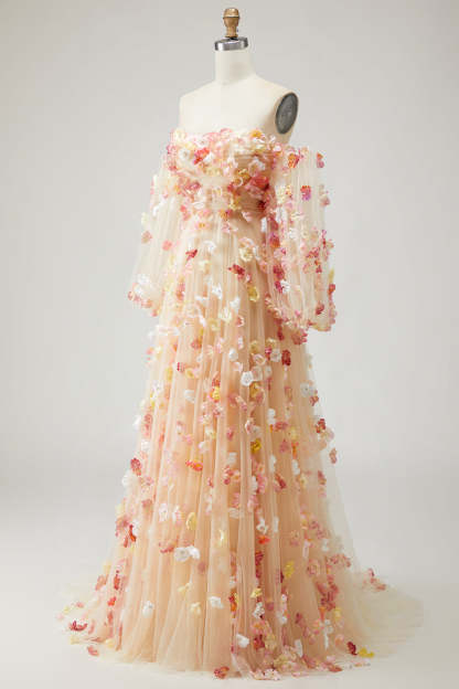 Champagne Floral A-Line Long Prom Dress with Detachable Sleeves