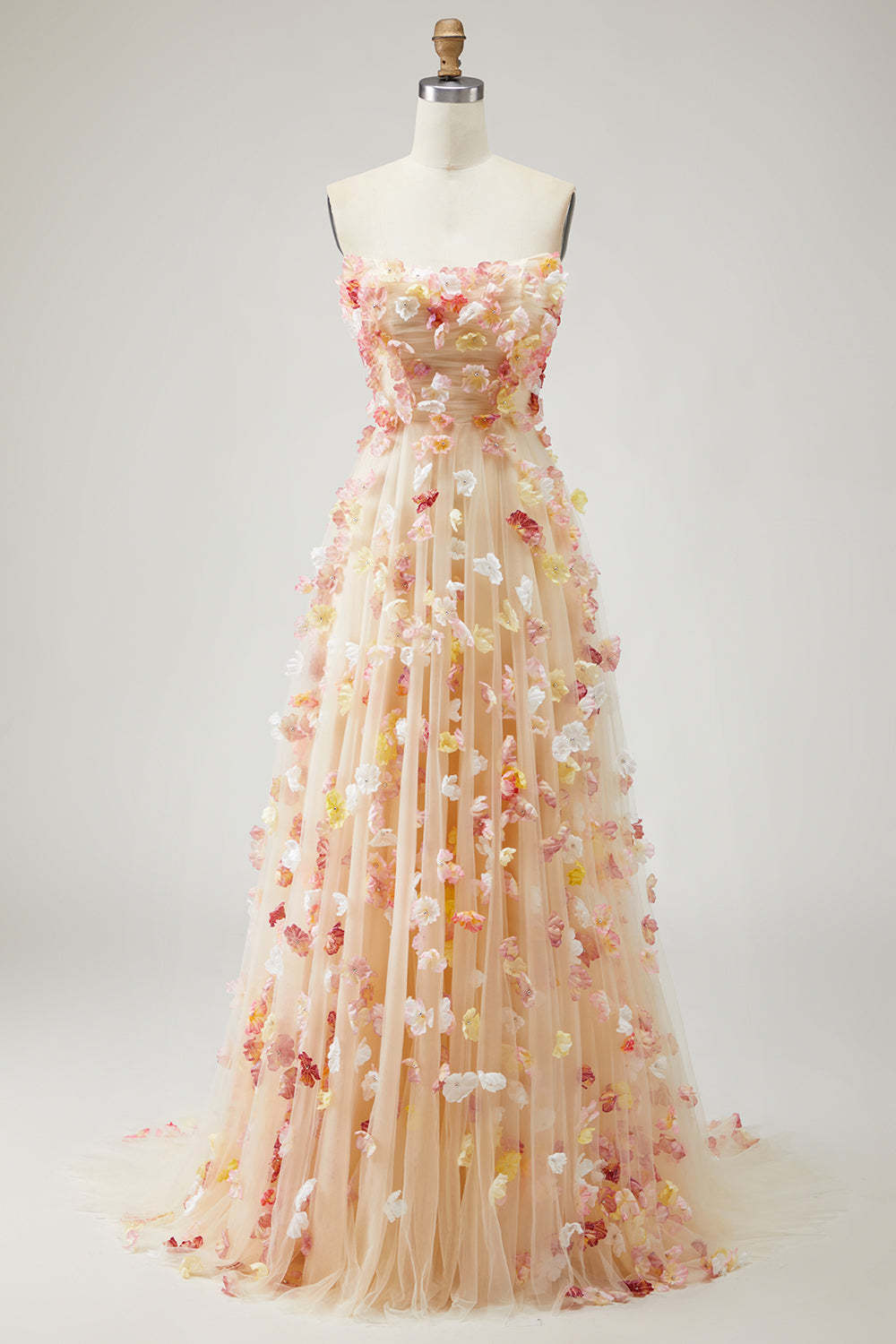Champagne Floral A-Line Long Prom Dress with Detachable Sleeves