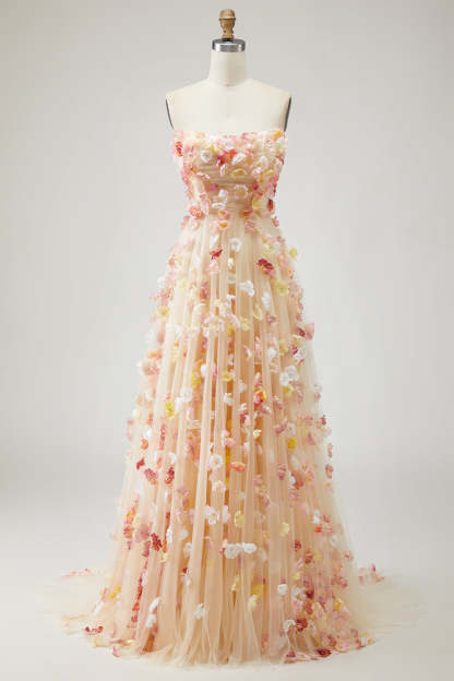 Champagne Floral A-Line Long Prom Dress with Detachable Sleeves