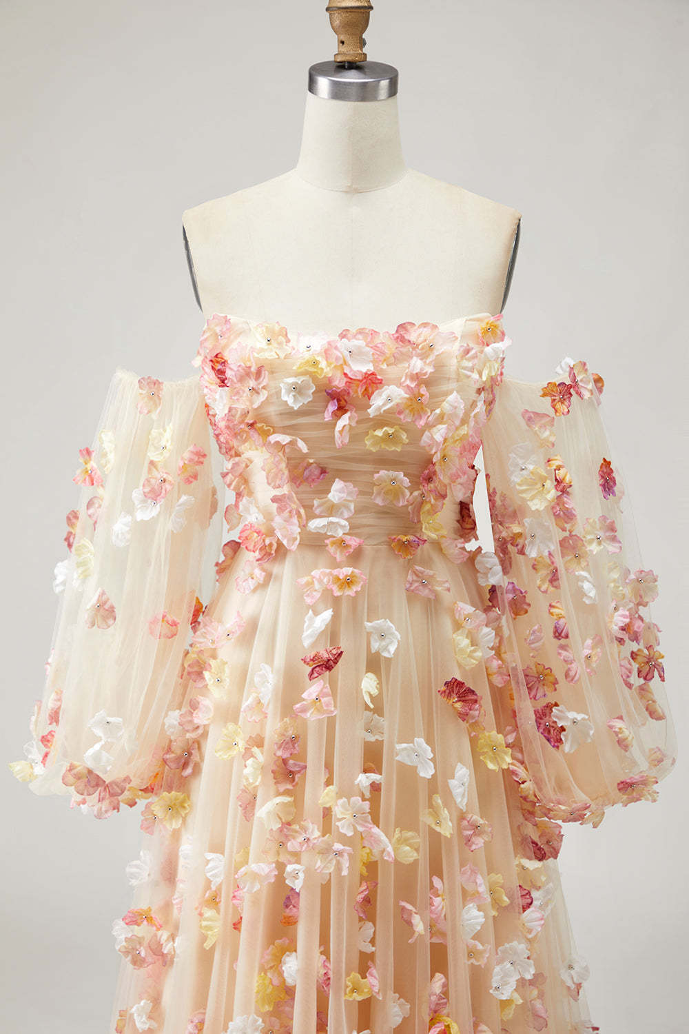 Champagne Floral A-Line Long Prom Dress with Detachable Sleeves