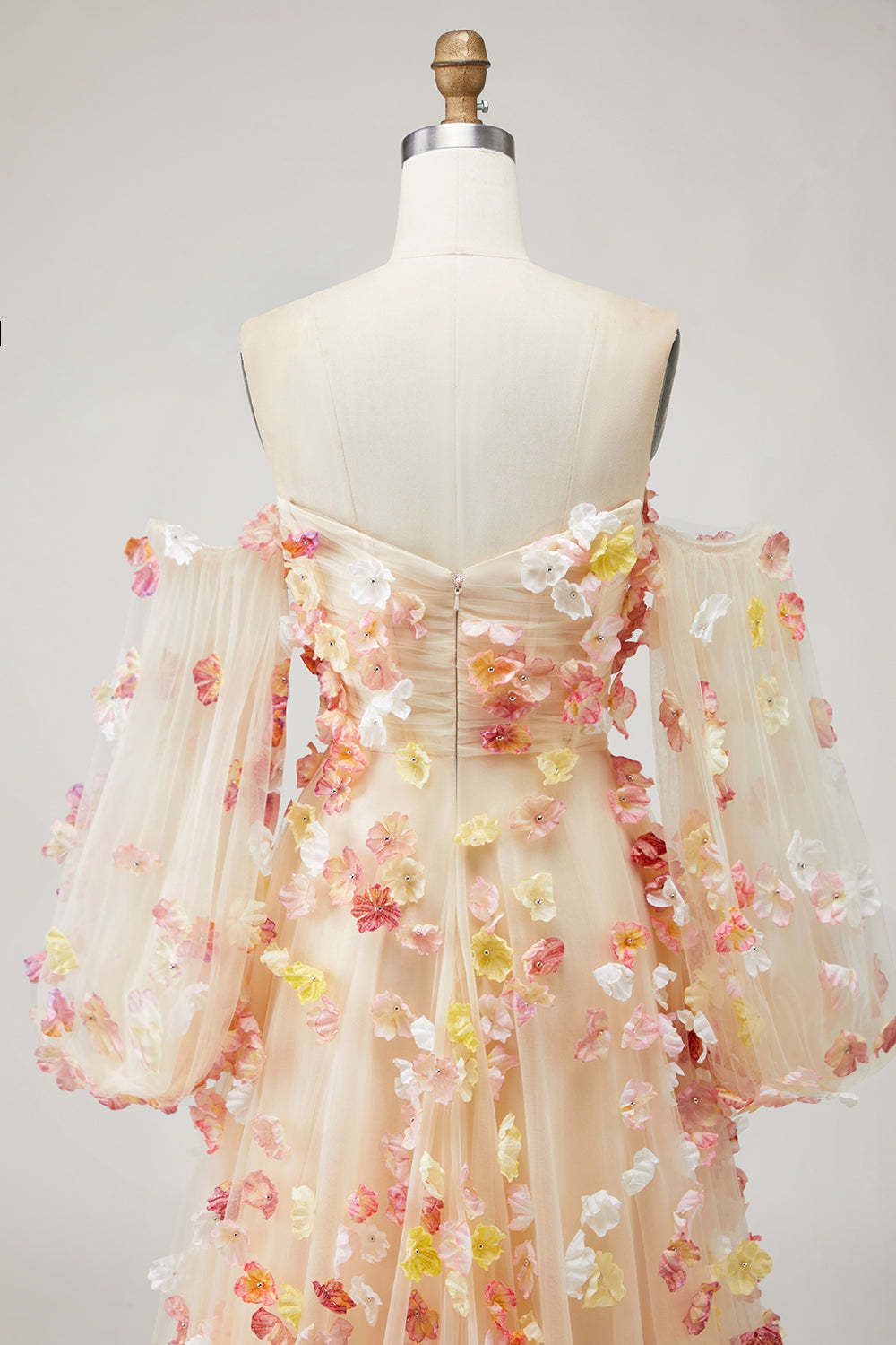 Champagne Floral A-Line Long Prom Dress with Detachable Sleeves