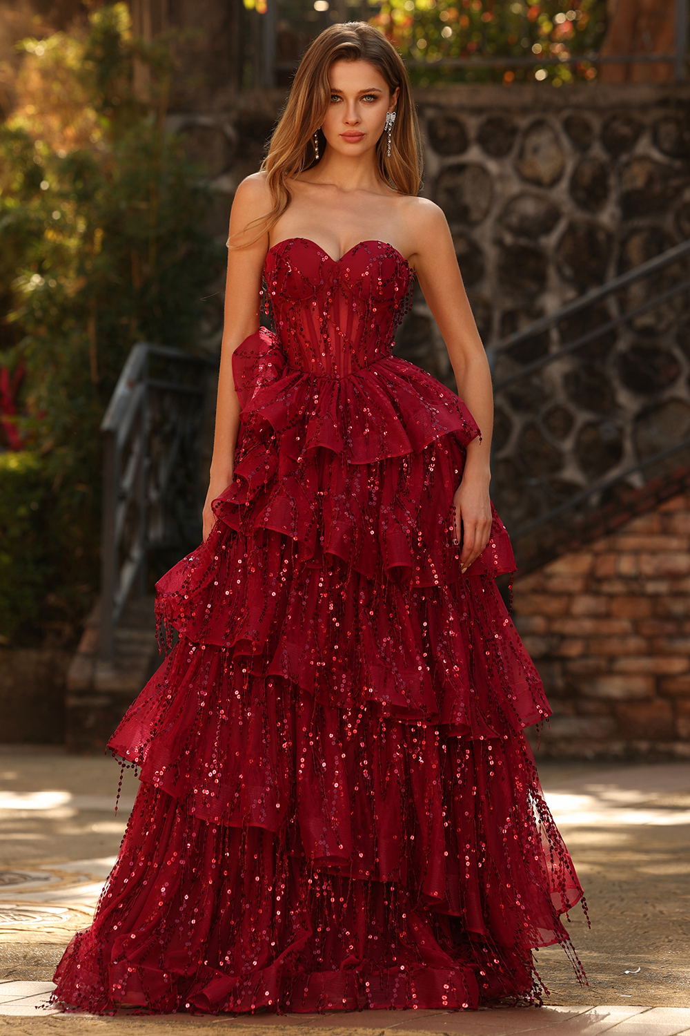 Sparkly Burgundy Sequin Long Corset Prom Dress with Ruffles