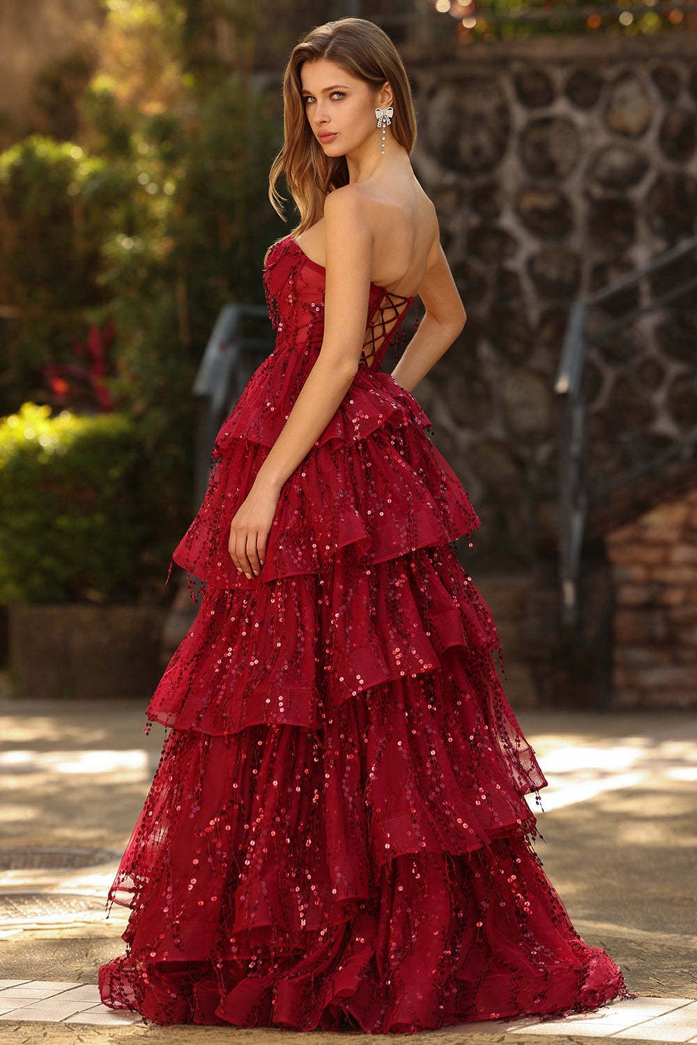 Sparkly Burgundy Ball Gown Sequin Maxi Corset Prom Dress with Ruffles