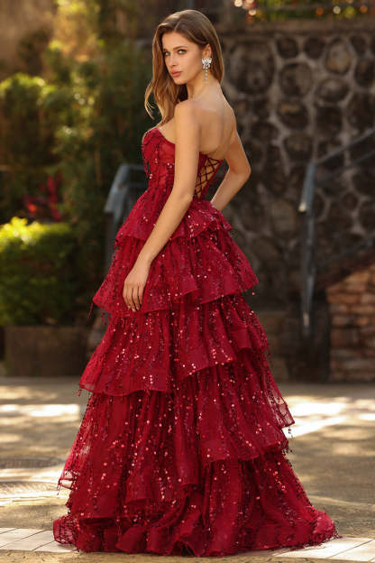 Sparkly Burgundy Ball Gown Sequin Maxi Corset Prom Dress with Ruffles