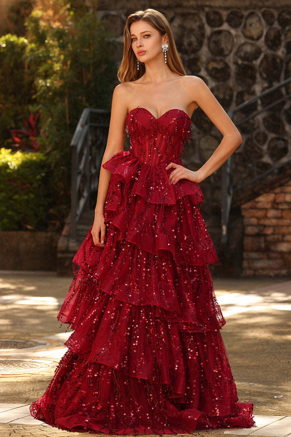 Sparkly Burgundy Ball Gown Sequin Maxi Corset Prom Dress with Ruffles