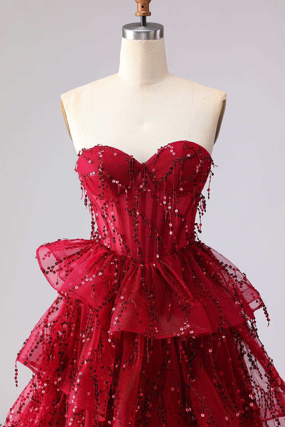 Sparkly Burgundy Sequin Long Corset Prom Dress with Ruffles