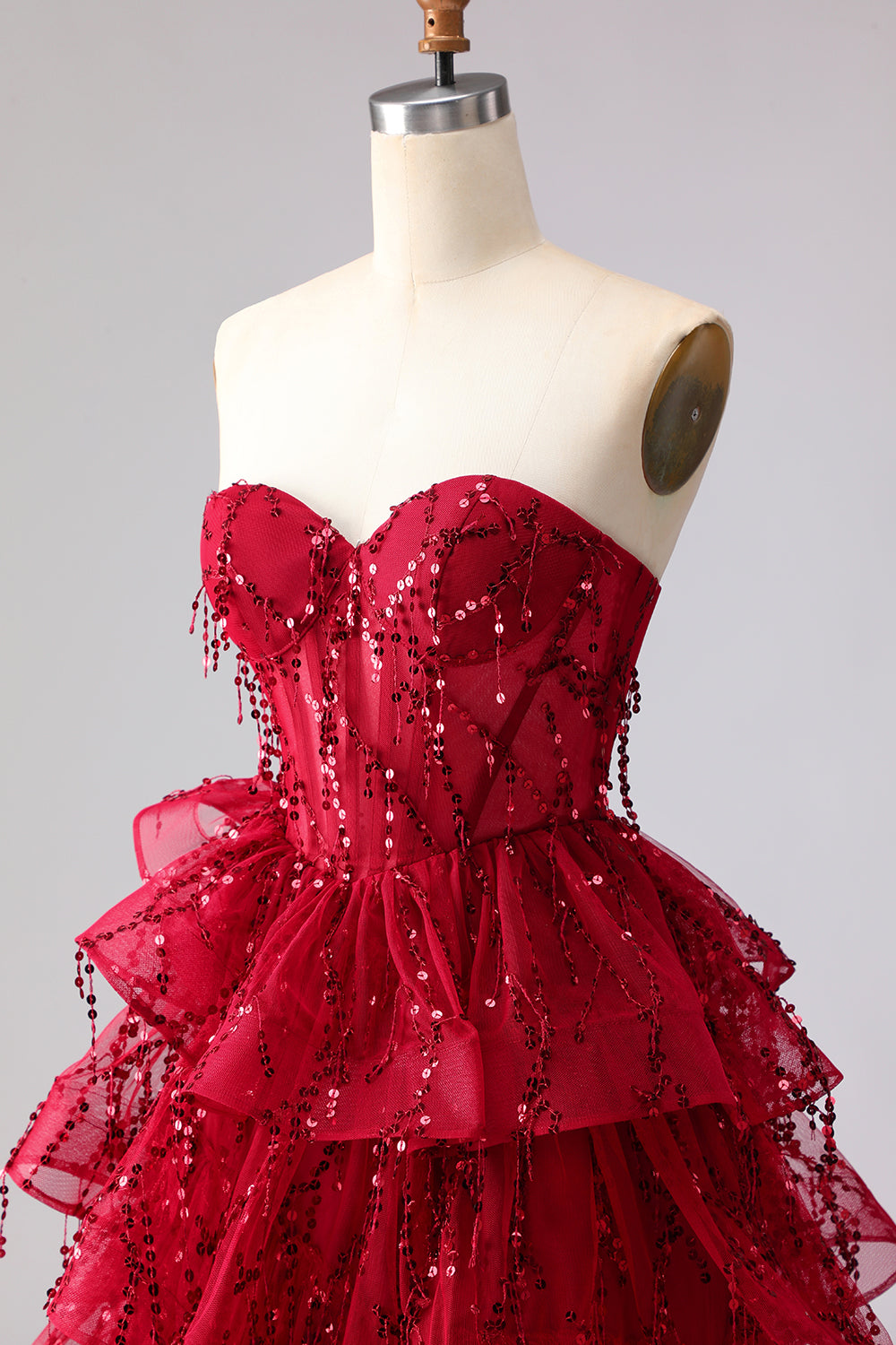 Sparkly Burgundy Sequin Long Corset Prom Dress with Ruffles