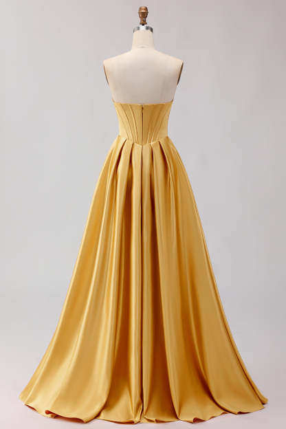 Golden A Line Sweetheart Maxi Corset Prom Dress with Slit