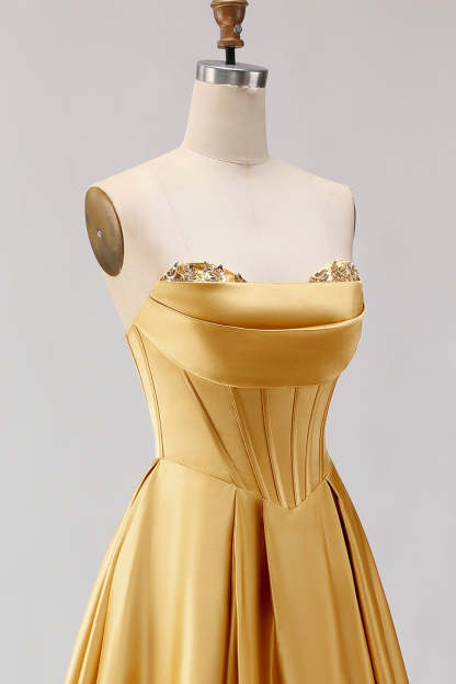 Golden A Line Sweetheart Maxi Corset Prom Dress with Slit