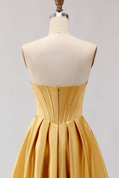 Golden A Line Sweetheart Maxi Corset Prom Dress with Slit