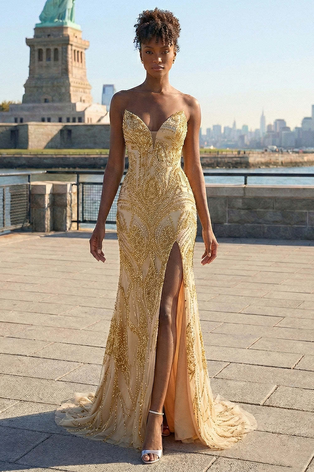 Leely Women Sparkly Golden Maxi Mermaid Beaded Prom Dress with Slit Strapless Gala Dress