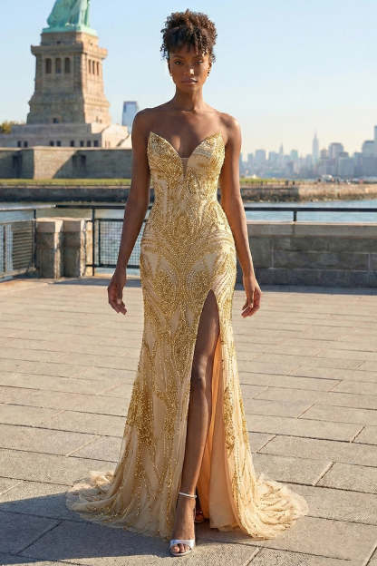 Leely Women Sparkly Golden Maxi Mermaid Beaded Prom Dress with Slit Strapless Gala Dress