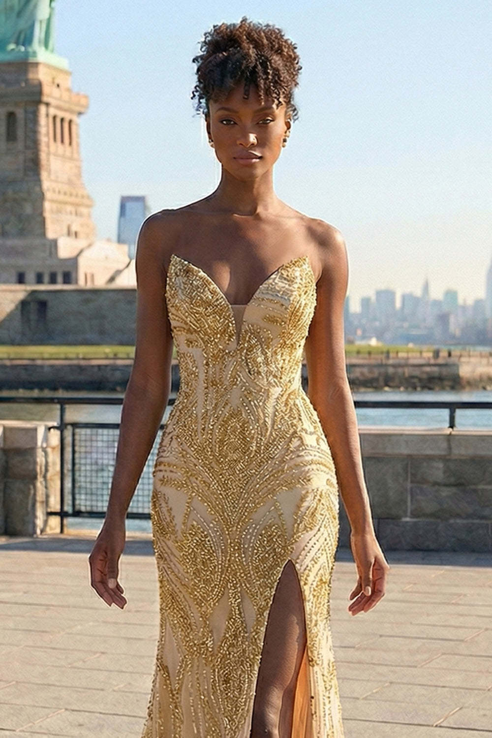 Sparkly Golden Sweetheart Maxi Mermaid Prom Dress with Slit