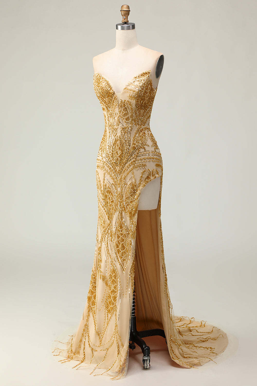 Sparkly Golden Strapless Mermaid Long Beaded Prom Dress with Slit