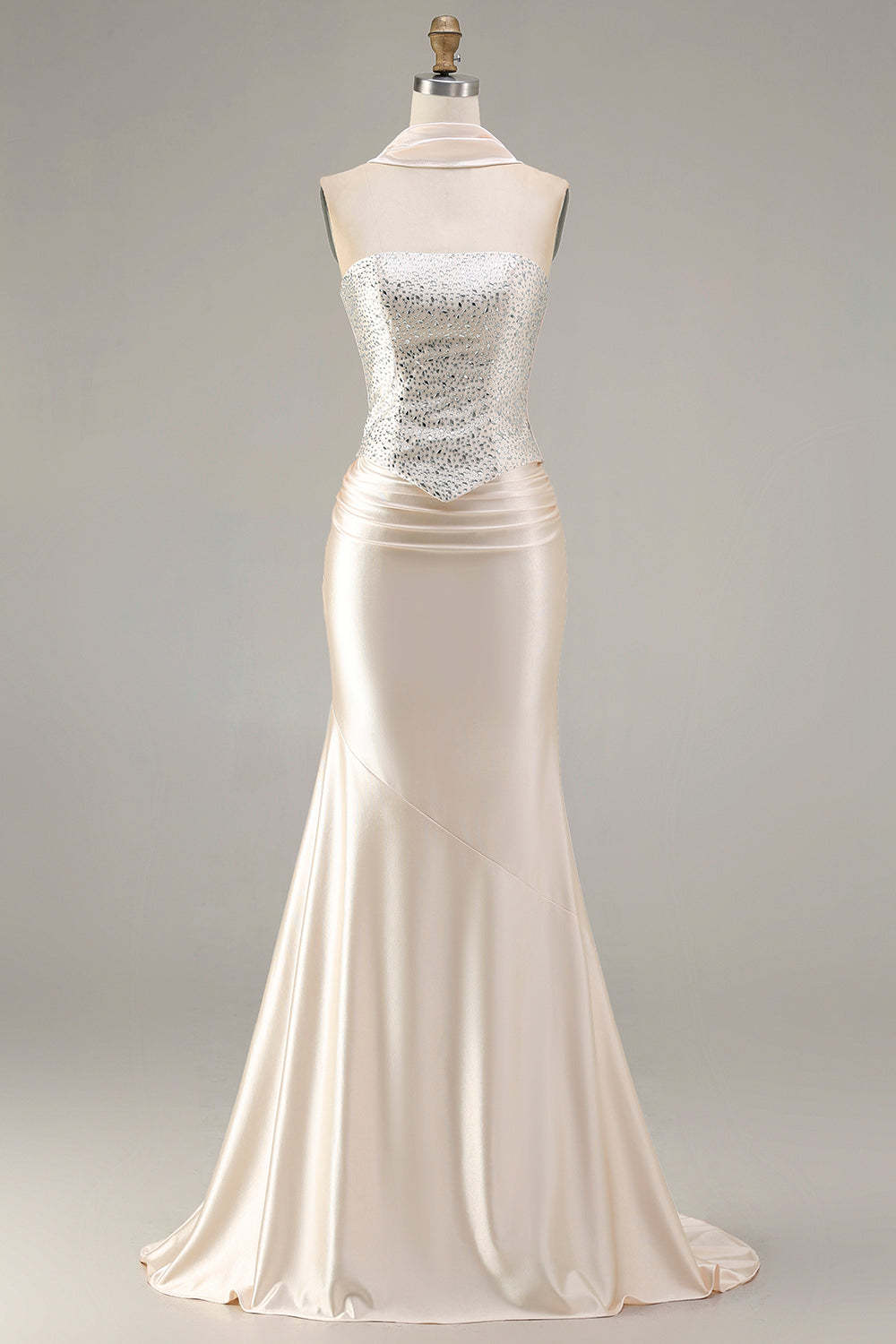 Leely Women Sparkly Champagne Mermaid Maxi Prom Dress with Beading Neck Scarf Strapless Lace Up Back Satin Formal Dress