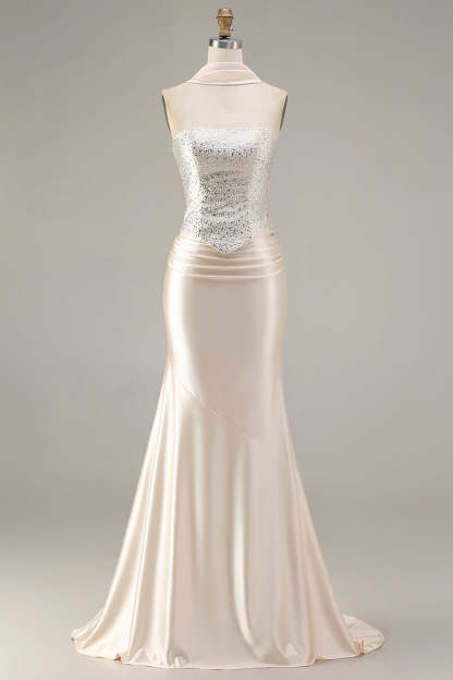 Leely Women Sparkly Champagne Mermaid Maxi Prom Dress with Beading Neck Scarf Strapless Lace Up Back Satin Formal Dress