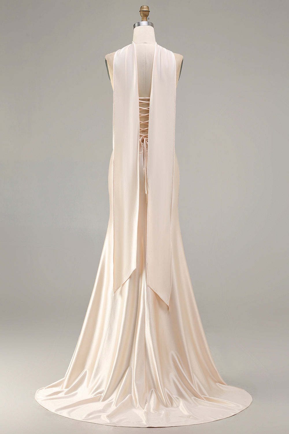 Sparkly Champagne Neck Scarf Mermaid Long Prom Dress with Beading